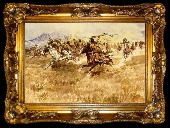 framed  Charles M Russell Fight Between the Black Feet, ta009-2